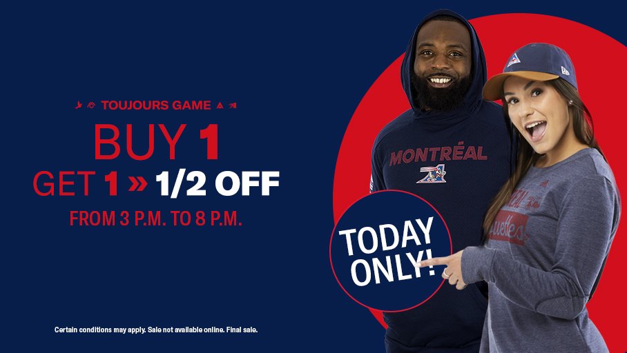 MTLAlouettes's tweet photo. Today, in store only. Buy 1 item and get the 2nd item half price. Gotta be ready for tomorrow's #FanTrain!
Certain exceptions apply, all sales final
⏰ 3pm to 8pm
💳 Debit and credit only
📍 5530 St Patrick, Suite 160, H4E 1A8, Montreal
#ToujoursGame #AlsMTL #montréals https://t.co/2wpBRdCDDi