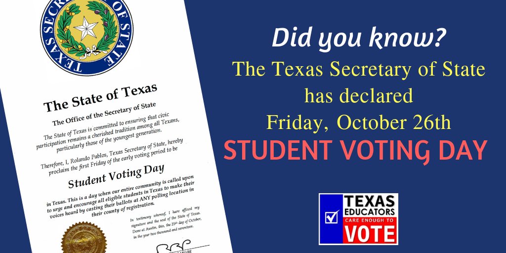 tasanet's tweet image. Friday, October 26, has been designated Student Voting Day in Texas! Encourage voting-age students to #GetOutTheVote. #Vote #txed