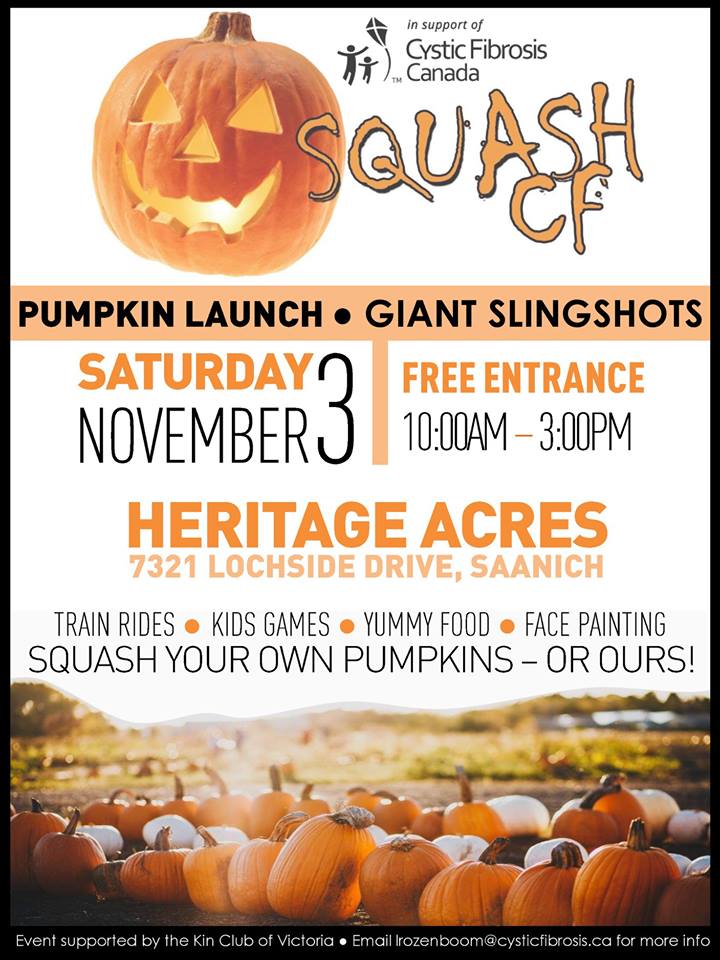 CFCVictoria's tweet image. Mark your calendar and SAVE YOUR PUMPKINS! Squash CF Pumpkin Launch on Saturday, November 3rd from 10am to 3pm at Heritage Acres #yvr. SLINGSHOT your pumpkins (or ours) at targets and help individuals with #cysticfibrosis at the same time!
