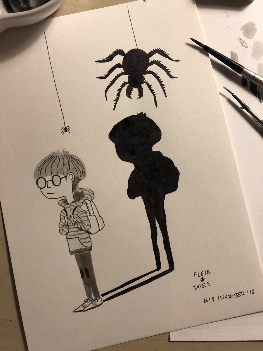 Fleia_srs's tweet photo. #inktober day 18: Worst fear. Ah yes, those fears, there in the dark, waiting to come out when you least expect๐ท #inktober2018 #inktober2018day18 #kidlitinktober #fears #spider #spiderphobia #illustration #ilustracion #hiddenfears #shadow #knowyourownshadow https://t.co/8Am2BRHSrc