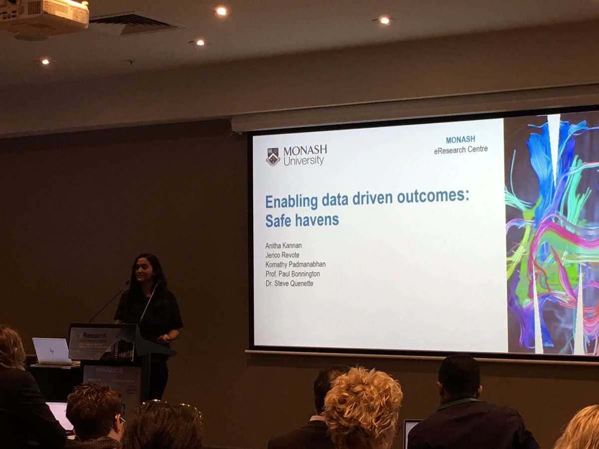 Amr_H_Hassan's tweet image. Komathy Padmanabhan talking about the safe haven project, enabling data driven outcomes, and secure sharing of health data at #eResAU2018 @MonasheResearch
