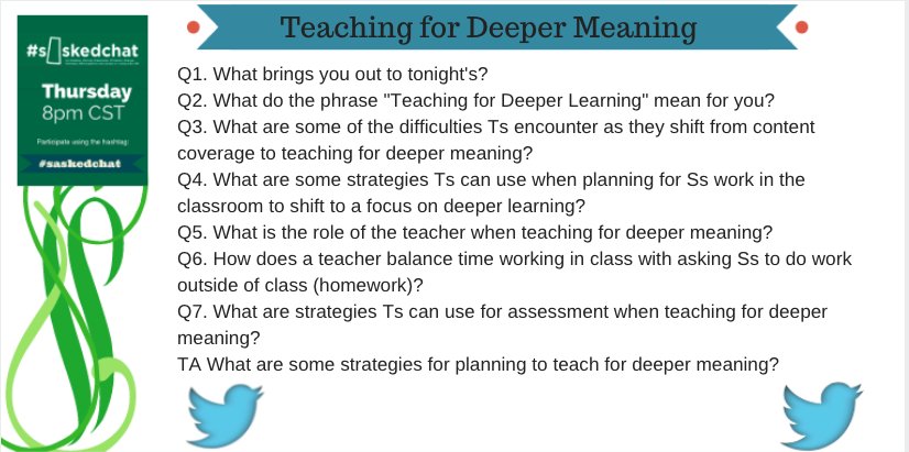 kellywchris's tweet photo. Join #saskedchat in 2 hours as we explore Teaching for Deeper Meaning. #HorizonSd #srpsd #spslearn #GSSD204 #rcsd_connect #lvskysd #nesd @SECPSD #ChinooksSD #SunWestSD https://t.co/Jx6RumPI8V