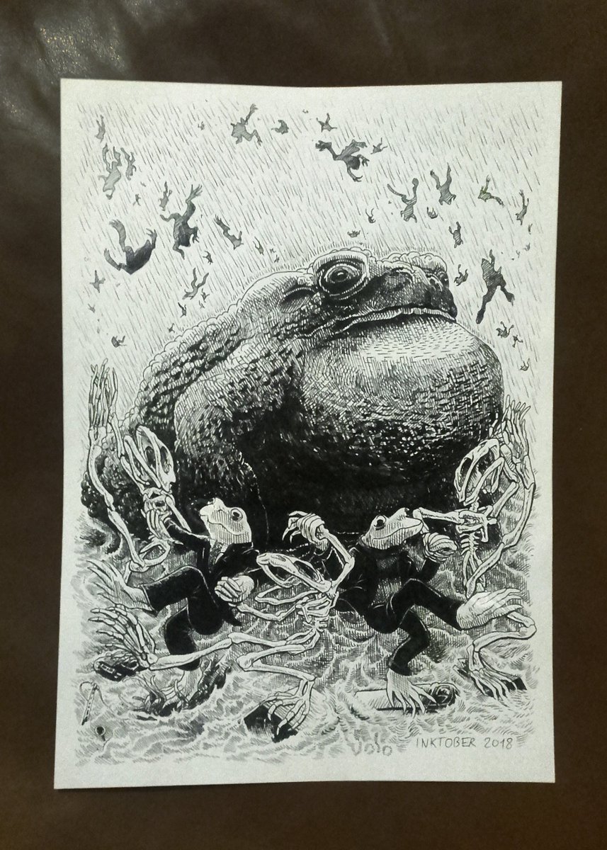 Mormuil's tweet photo. Le dix-septième jour d'#Inktober2018 a pas mal débordé #swollen #frog #dancingfrog #skeleton #suit #toad #inktober #flood #dansemacabre # #day17 https://t.co/PltIkUcqVP