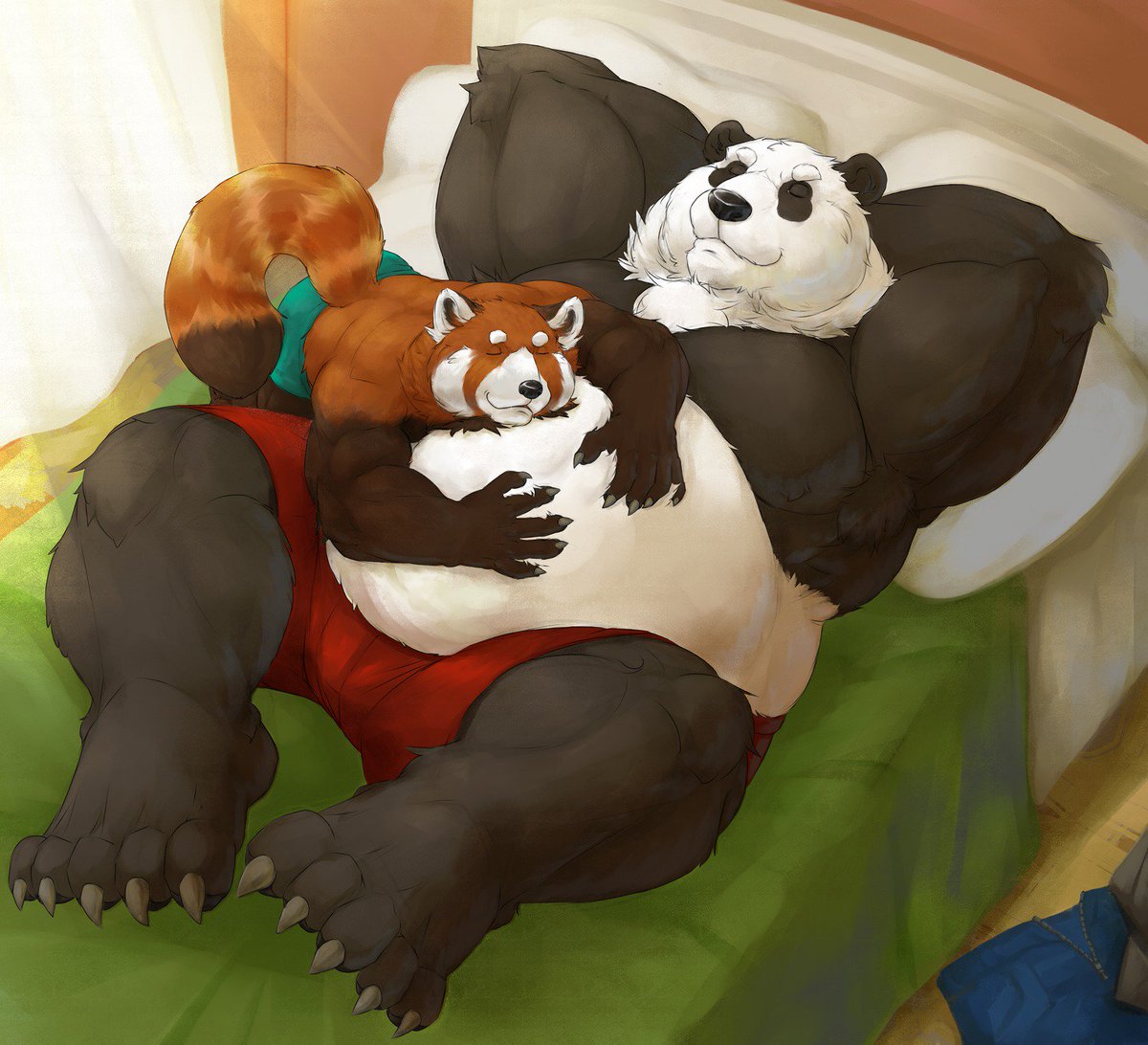 A giant panda’s pudgy belly makes a good pillow/ bed and the red panda seem...