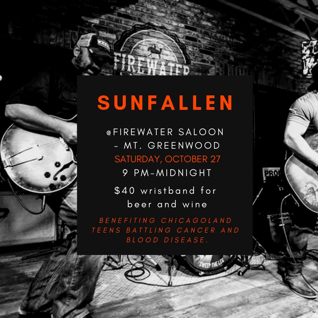WIOFA's tweet photo. Tag who you want to bring to see @SunFallen for their October 27th concert at @FirewaterChi -Mt. Greenwood! Get a wristband for beer and wine from 9 pm - midnight for just $40 and help benefit Chicagoland teens battling cancer and blood disease! https://t.co/XEF69cdKzp