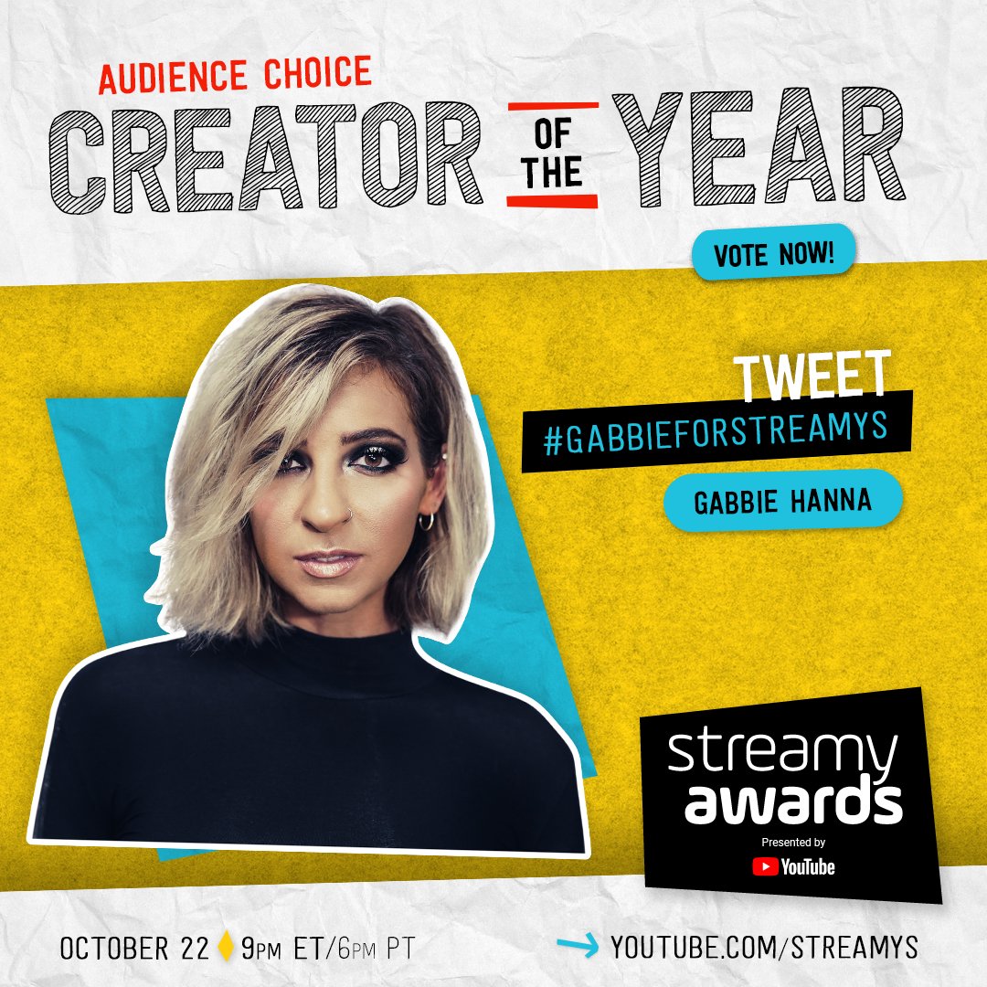 streamys's tweet photo. @TheGabbieShow last day to vote for Creator of the Year at the #streamys! RT or tweet #GabbieForStreamys to vote ✔️ https://t.co/HvOMsjb45R