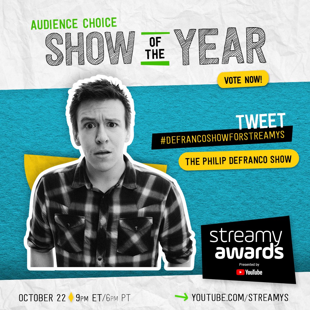 streamys's tweet image. @PhillyD last day to vote for Show of the Year at the #streamys! RT or tweet #DeFrancoShowForStreamys to vote ✔️