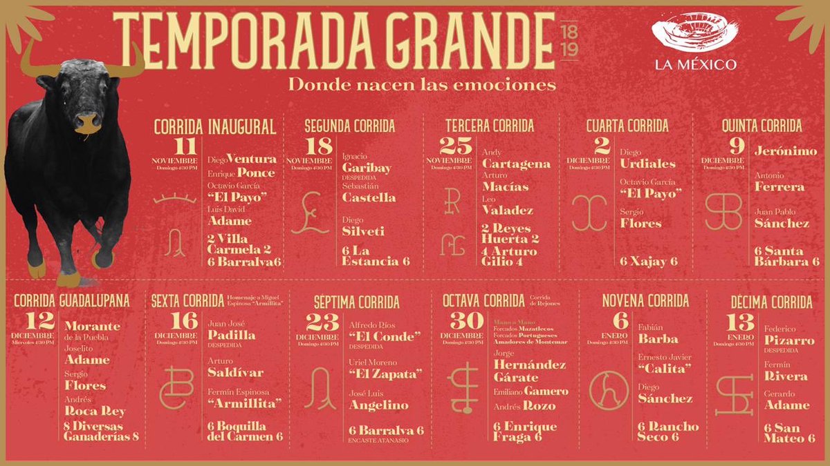 Les presentamos los carteles de la Temporada Grande 2018-2019 de la Plaza México #DondeNacenLasEmociones
