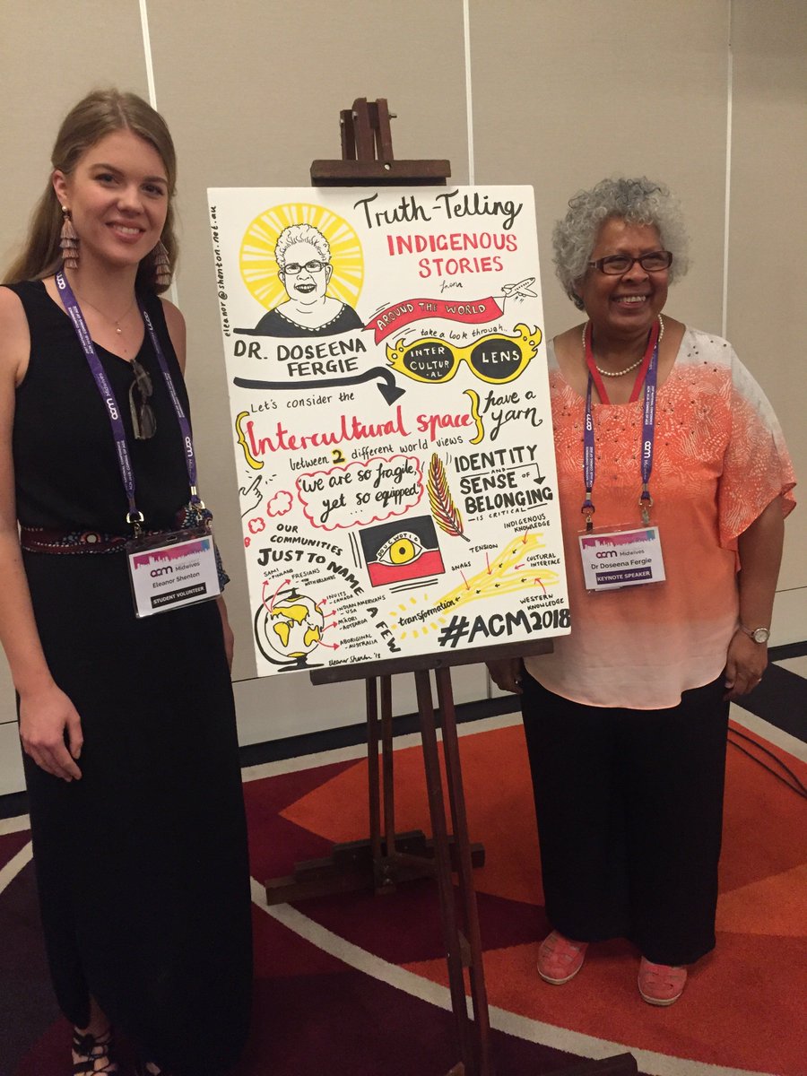 Eleanor_Shenton's tweet photo. The #ACM2018 national midwifery conference was beyond fantastic. I had the pleasure of creating infographics live during the Keynote Speeches, the first being the ever-inspiring, Indigenous Elder, Doseena Fergie, sharing her wisdom. #INFOGRAPHIC @MidwivesACM @world_midwives https://t.co/EuIEp4i9EC