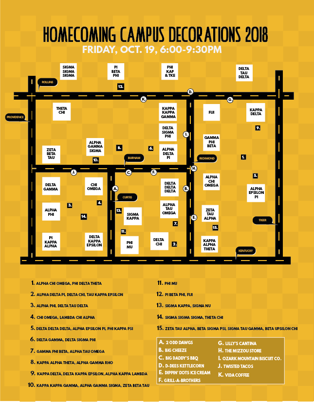 MU_Homecoming's tweet photo. Campus Decorations will take place tomorrow evening, Friday, October 19th from 6:00- 9:30. Be sure to swing by Greek Town to see all of the amazing decorations! Take a look at this map to see where each decoration and food truck will be set up! https://t.co/YQxbv3Cefp