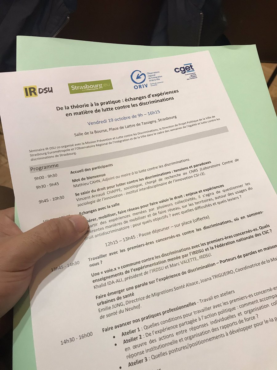 Début du séminaire sur :"les échanges d'expériences en matière de lutte contre les discriminations : de la théorie à la pratique" auxquels les membres du réseau participe qui est organisé par la ville de #Strasbourg l'#Oriv @CGET_gouv et l'<a href="/irdsu/">IRDSU</a>