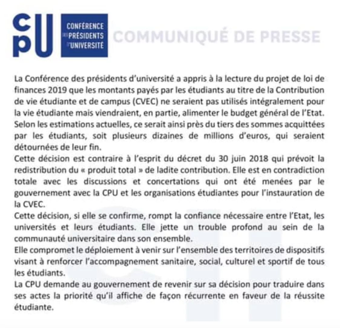 Le Gouvernement a créé un nouvel impôt étudiant : la #CVEC... et il en détourne un tiers vers le budget de l'Etat #PLF2019 ! Non seulement Macron n'investit pas dans l'université, mais il prend l'argent des étudiant.e.s pour financer le CICE et la fin de l'ISF.