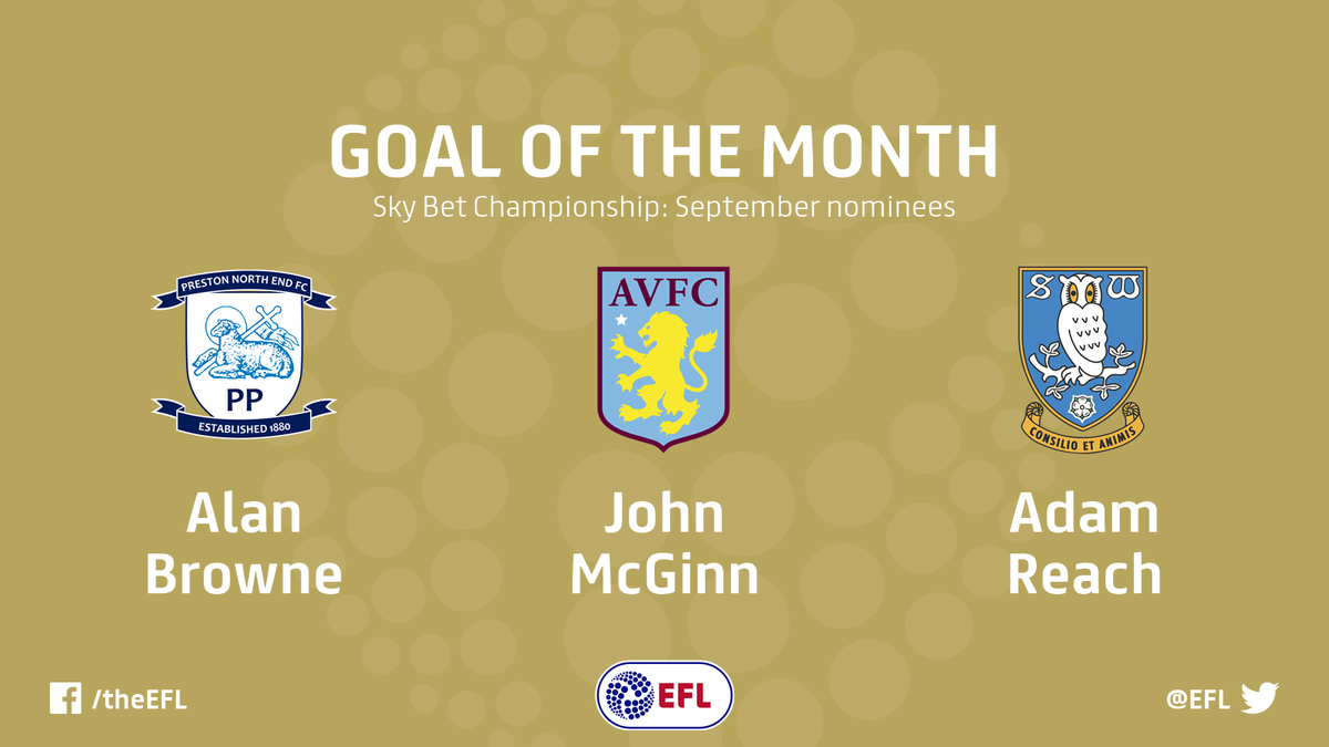 SkyBetChamp's tweet photo. GOAL OF THE MONTH: The nominees for September's @SkyBet Championship award have been released. ⚽️ 

Find out who, watch and vote here >> https://t.co/W1B41DAHFF https://t.co/p6Y4r9OUtd
