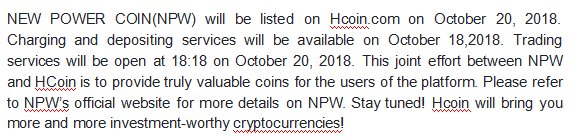 NEW POWER COIN(NPW) will be listed on Hcoin.com