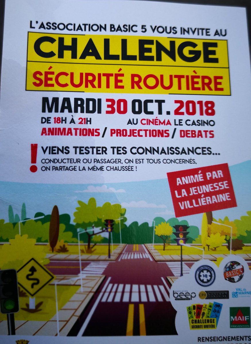 villierains's tweet image. Ce mardi 30 0ctobre 18h/21h au cinéma de #villierssurmarne Challenge Code de la route avec l&apos;association #basic5 !
Venez en famille tester vos connaissances !