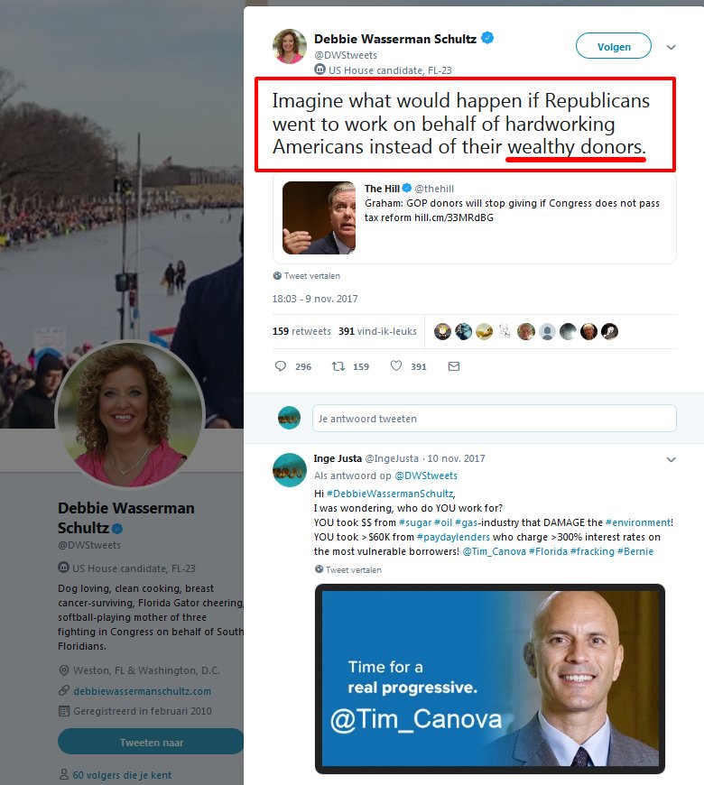IngeJusta's tweet photo. @Tim_Canova 🤥DWS-tweet, dated 9 Nov 2017:
"Imagine what would happen if Republicans went to work on behalf of hardworking Americans instead of their wealthy donors."
--> https://t.co/8PNA47yMVk
#TimCanova #ProgressForAll #OurElection! https://t.co/iWwiTER5Mw