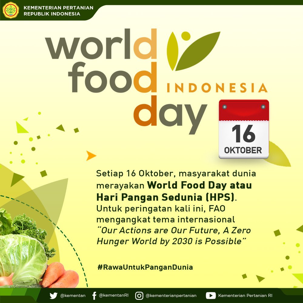 1. Teman Praja, Setiap 16 Oktober, masyarakat dunia merayakan World Food Day atau Hari Pangan Sedunia #HPS2018. Untuk peringatan kali ini, <a href="/FAO/">Food and Agriculture Organization</a> mengangkat tema internasional “Our Actions are Our Future, A Zero Hunger World by 2030 is Possible” #RawaUntukPanganDunia