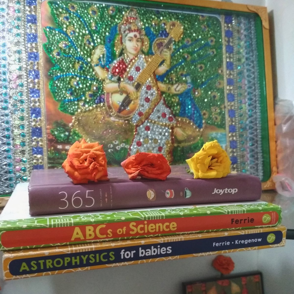 ajit_bhaskar's tweet photo. Saraswati poojai dedicated to kiddo :)
Also, the Saraswati photo studded with chamkis is the handwork of my 70 Yr old Athai. She's been doing it for nearly 40 years now. The photo is probably as old as me.
#BetaParticle #SulphurArgonArsenicTungstenAstatineIodine https://t.co/DBB1DmJdiY
