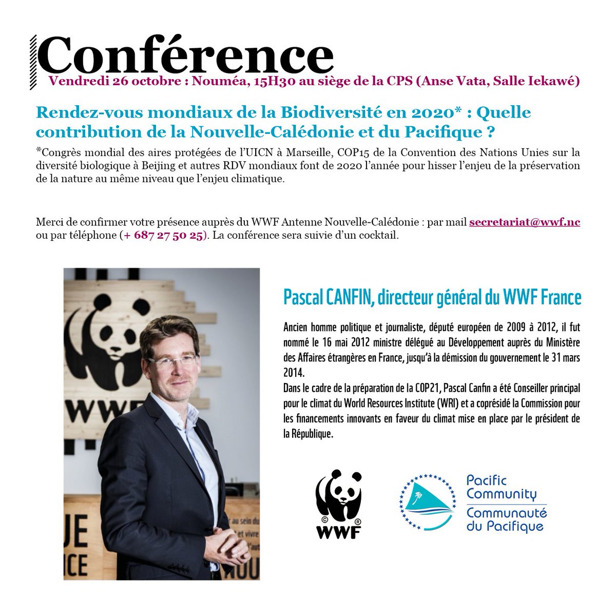 Rendez-vous mondiaux de la #Biodiversité en 2020: Quelle contribution de la #NouvelleCaledonie et du #Pacifique ?
#Conférence avec <a href="/pcanfin/">Pascal Canfin</a>, directeur général du <a href="/WWFFrance/">WWF France 🐼</a>, le vendredi 26 octobre à 15h30 au siège de la <a href="/spc_cps/">Pacific Community</a> à Nouméa
En savoir plus : spc.int/fr/a-l-agenda/…
