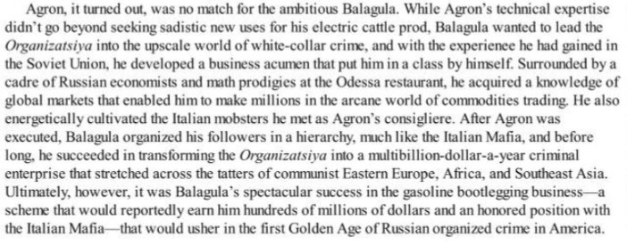 Brighton Beach GoodfellasAgron's consigliere Malat Balagula who many suspected carried out his hit, was now the main man in charge. La Cosa Nostra got their cut from the lucrative tax scam and in return didn't fight the Russians, in fact they provided assistance.