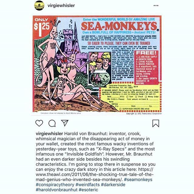 LyncaraBeshirs's tweet photo. Here's some crazy dark history on the crook/inventor of Harold Von Braunhut. Please go check out my crazy conspiracy/occult/wacky/weird history page called Esotericial @virgiewhisler. I'll post more soon. #conspiracytheory #weirdhistory #seamonkeys #esot… https://t.co/h34Qg6o2T7 https://t.co/1RkkZJXmsB