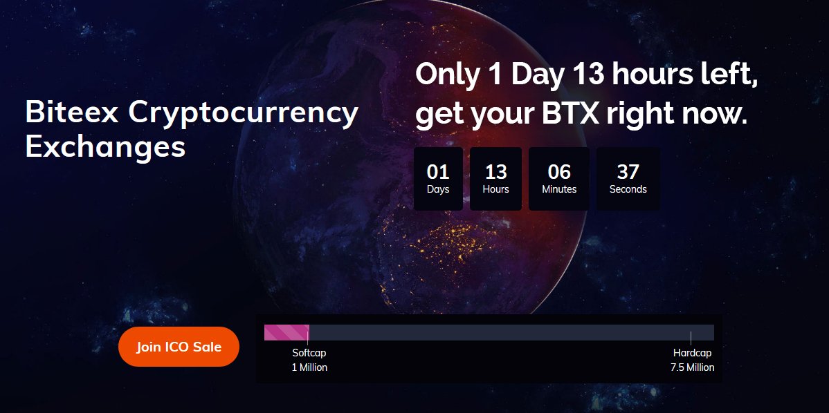 Biteex1's tweet photo. Biteex ICO sale finishes tomorrow. Do not miss this golden chance to  invest in most cutting-edge and remunerative crypto exchange

Buy Now : https://t.co/KicbubQwT4

#Exchange #Cryptocurrency #cryptotrading #ICOSale #Biteex https://t.co/LbQkCvKfuY