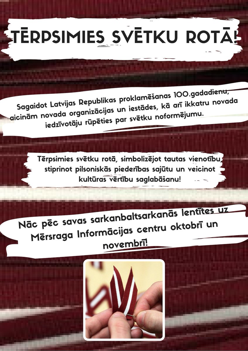 Nāc pēc savas sarkanbaltsarkanās lentītes uz Mērsraga Informācijas centru oktobrī un novembrī! #mērsrags #latvijai100