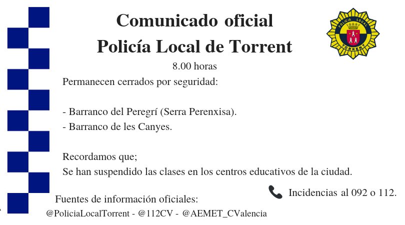 PoliciaTorrent's tweet photo. #Buenosdías! Continua la alerta naranja, conductores y peatones mantengan todas las precauciones necesarias.
Les informamos de las novedades acontecidas durante la noche.
#GotaFriaCV https://t.co/g73KWXQ7Z5