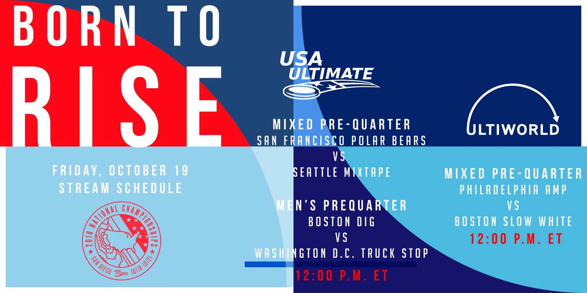 USAUltimate's tweet photo. 12p ET tomorrow, we will again be LIVE from 2018 #USAUNats w/ pre-quarters:

@Ultiworld's YouTube--
@PhillyAMP vs Boston @SlowWhite_ 

#USAUltimate Facebook, Twitter &amp; YouTube--
San Francisco @PBRawr vs @SeattleMIXtape
Boston @DiGUltimate vs Washington D.C. @TruckStopUlti https://t.co/6rxxD3m3qh