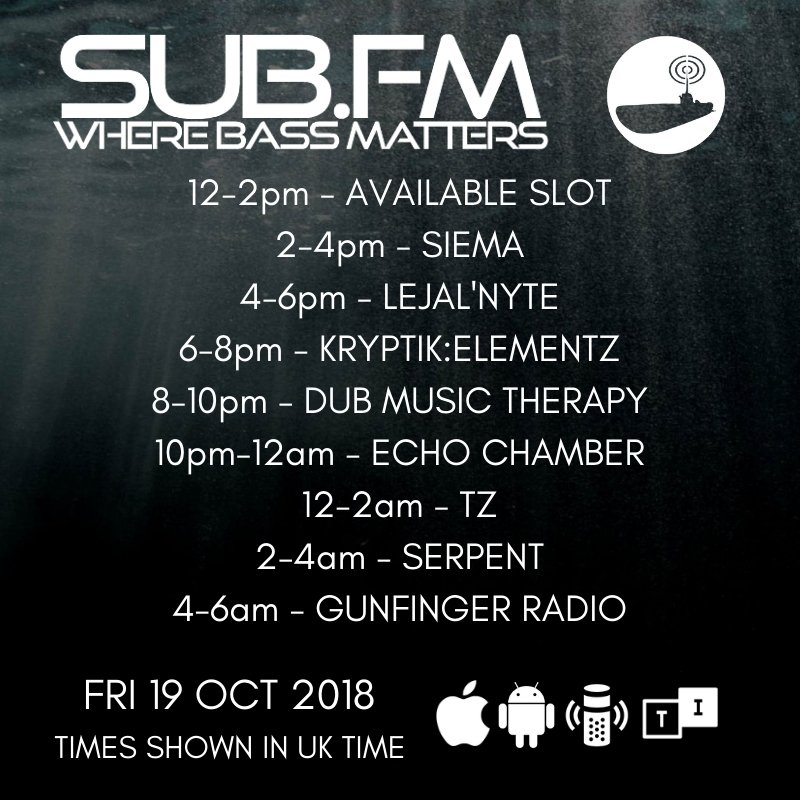 SubFM's tweet image. The lineup for Friday 19th October 2018

Sub.FM

@lejalgenes @KryptikElementz @djsyte @freudubs @TZ_UKMUSIC @Alabamity

#Dubstep #UKGarage #BassMusic #DnB #Grime #Dub #Reggae #House #Techno #Radio