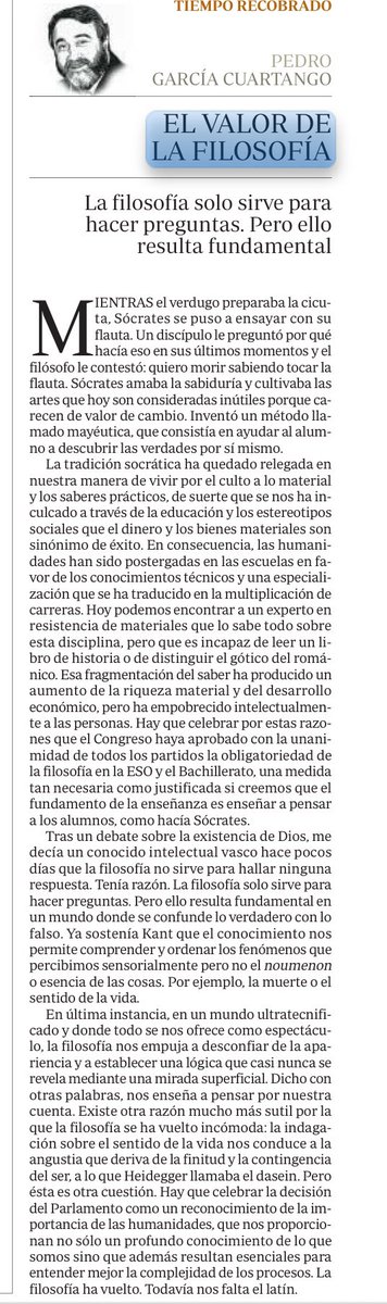 PedroCuartango's tweet photo. La filosofía nos invita a desconfiar de las apariencias y a buscar la lógica oculta de las cosas.  Hay que celebrar como un acierto su vuelta a las escuelas. Falta todavía el latín. https://t.co/q0tScs9hDT