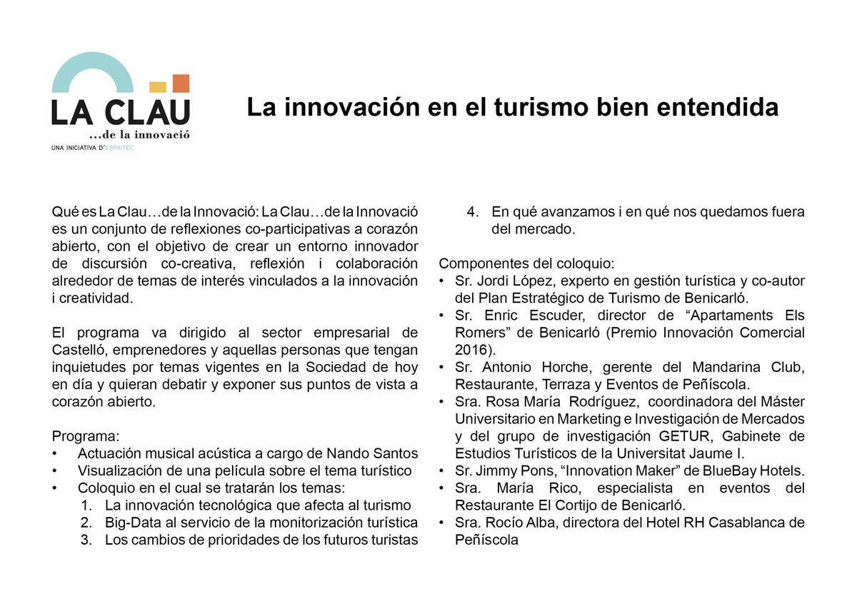 Os invitamos al interesante coloquio “la innovación en turismo bien entendida”. Miercoles 7/11/18. <a href="/BenicarloCaixa/">CaixaBenicarlo</a> <a href="/espaitec/">Espaitec UJI</a> <a href="/Ajunt_Benicarlo/">Ajuntament Benicarló</a> @UJI_noticies