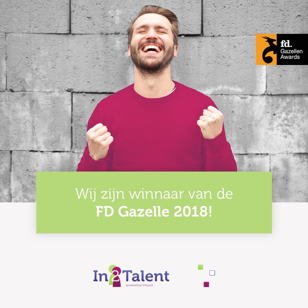 In2Talent's tweet image. In2Talent is winnaar van de FD Gazellen 2018! Daarmee zijn we één van de snelst groeiende bedrijven van Nederland.