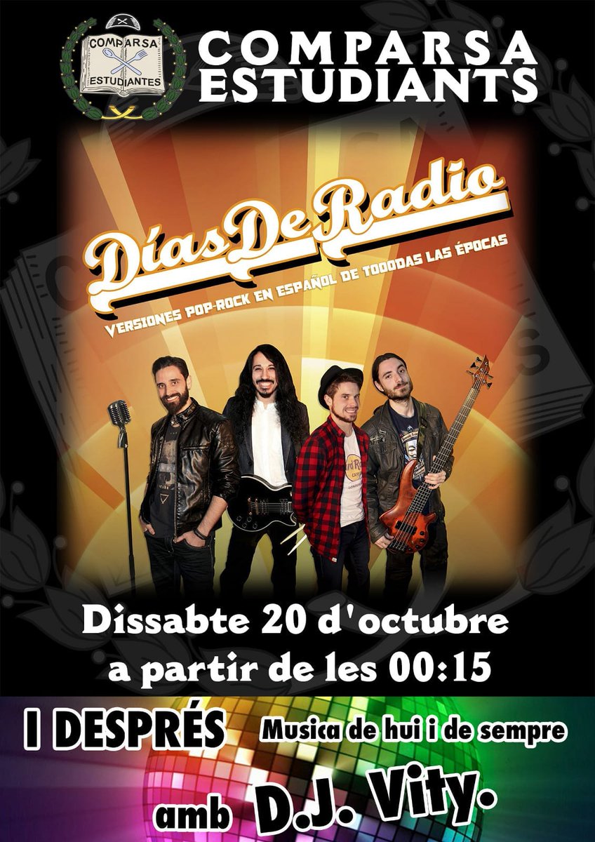 EstudiantesOnil's tweet photo. Mañana, sábado 20 de octubre, "Dia del #MigAny", a las 00:15 h., podrás disfrutar de versiones pop-rock en español de todas las épocas con "Días de Radio" en la #ComparsadeEstudiantes de #Onil. Y después, música de hoy y de siempre con Dj Vity ¡No te lo pierdas!. #EstudiantesOnil https://t.co/bkvdK9LFSw