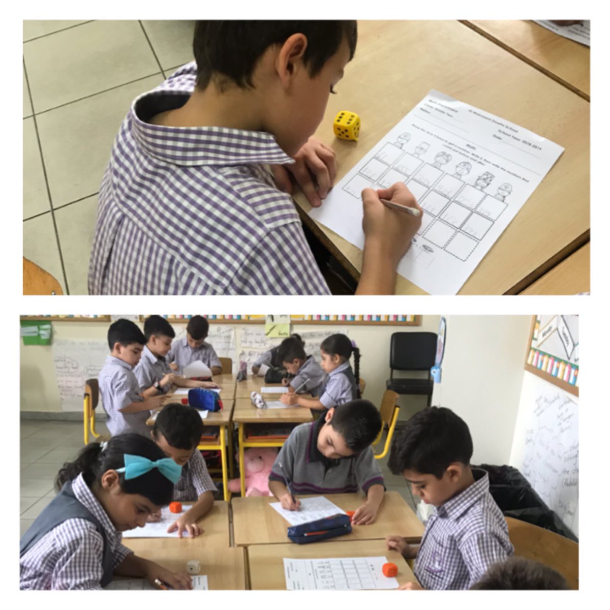 HBawjy's tweet photo. A learner learns best when learning becomes play and play becomes learning! Grade 2 learners throwing the dice 3 times to get 3-digit numbers, then writing what comes just before and just after each number. @DawhaHighSchool https://t.co/Iv1wa8iam5