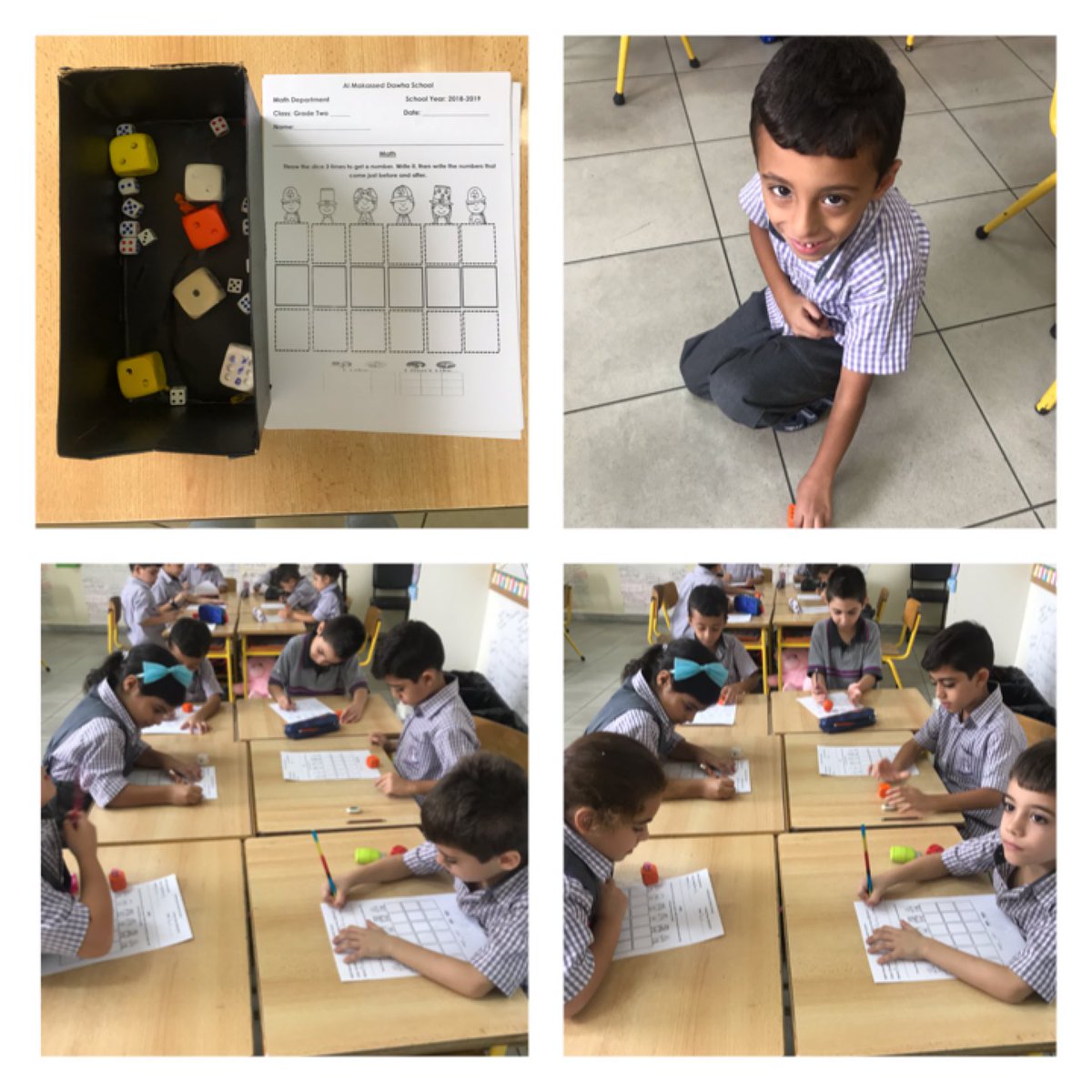 HBawjy's tweet photo. A learner learns best when learning becomes play and play becomes learning! Grade 2 learners throwing the dice 3 times to get 3-digit numbers, then writing what comes just before and just after each number. @DawhaHighSchool https://t.co/Iv1wa8iam5