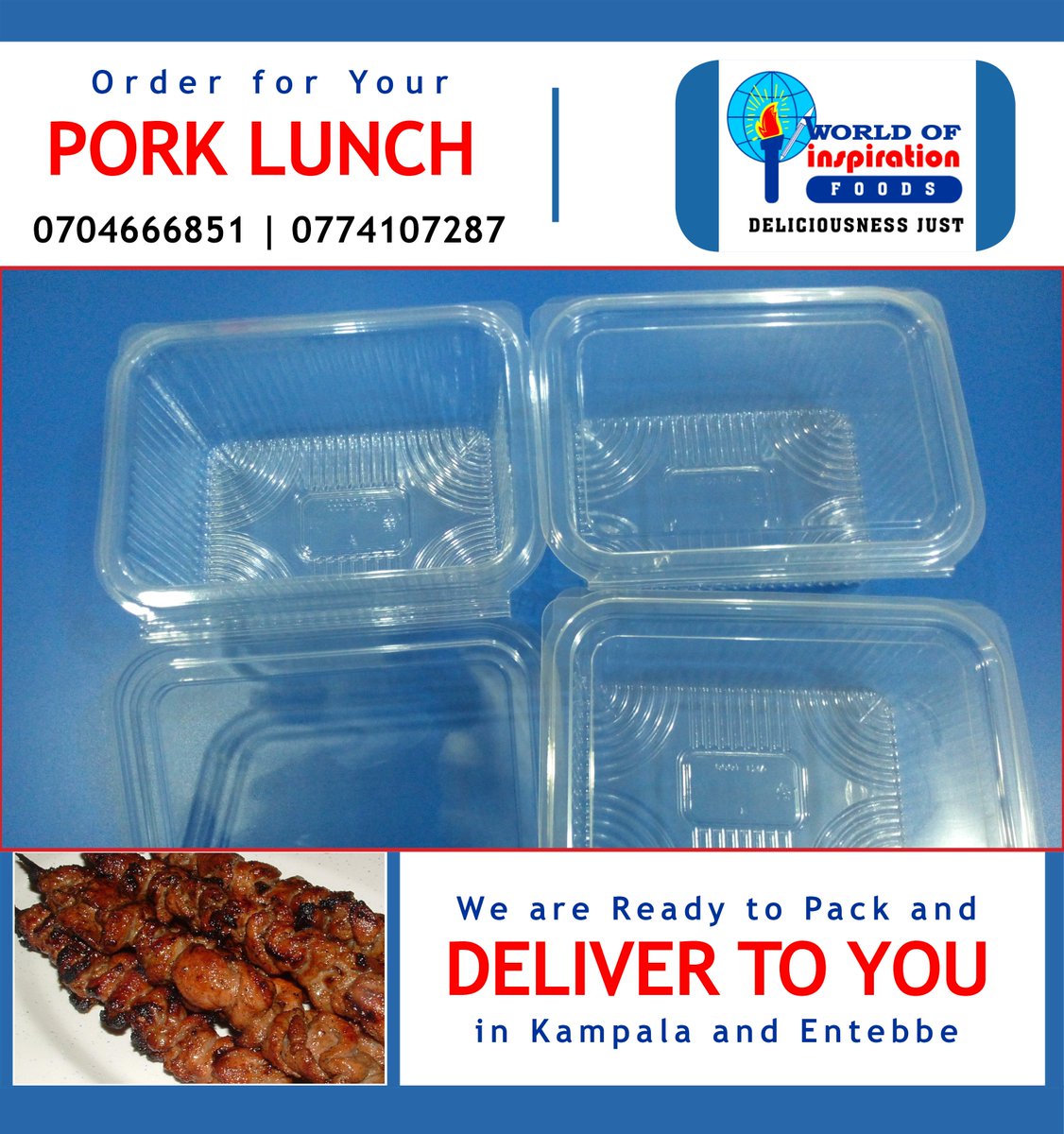 WOI_Publishers's tweet photo. #DeliciousnessJust: Are you craving for a sumptuous meal of pork? Well, our new company WORLD OF INSPIRATION FOODS specialises in curing salivation.  Just put your hand and we will deliver your lunch of roasted pork with all the accompaniments UGX 30,000. https://t.co/IG65sDkLLO