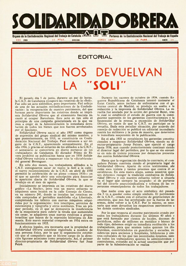 El periódico Solidaridad Obrera cumple hoy 111 años. Más allá de la efeméride, queremos compartir la historia la de la lucha por recuperar su rotativa y resto de material incautado por el franquismo en 1939. [Va hilo]