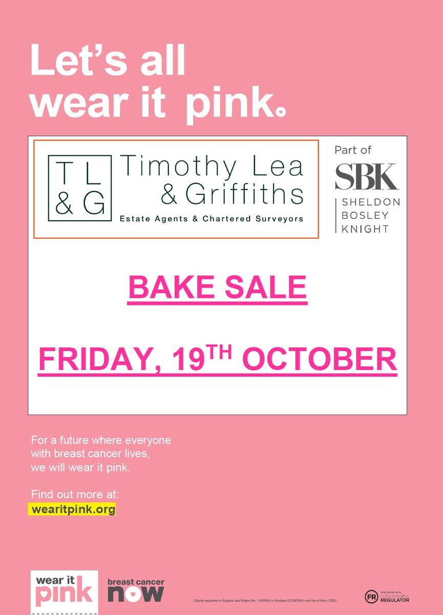 Friday 19th October 2018, please join us for #wearitpink and come buy some of our delicious baked goodies #cakesale #breastcancerawareness #charity #fundraising #TLG #caloriesdon'tcountonFridays!