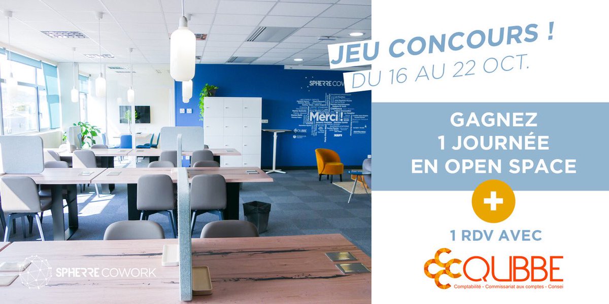 SpherreCowork's tweet photo. #JeuConcours Tentez de gagner une journée en open Space chez @SpherreCowork + un rendez-vous avec QUBBE pour évoquer vos problématiques comptables, sociales, fiscales. 
Pour participer rendez-vous sur notre page #Facebook ! https://t.co/piyTsWAJer