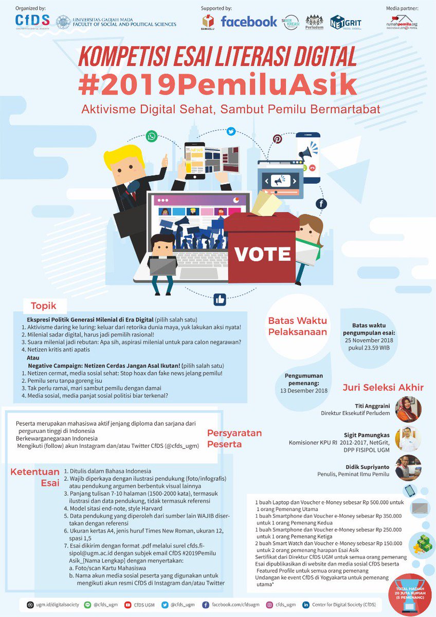 netgrit's tweet image. Kompetisi Esai Literasi Digital
#2019PemiluAsik
Aktivisme Digital Sehat, Sambut Pemilu Bermartabat

Yuk kita ikut lomba ini, dijamin seru dan mendapatkan hadiah yang menarik !

__________
@cfds_ugm @perludem @rppkpuri
@kpu_ri @bawasluri @dkpp_ri

#netgrit
#cfdsugm
#pemilu2019