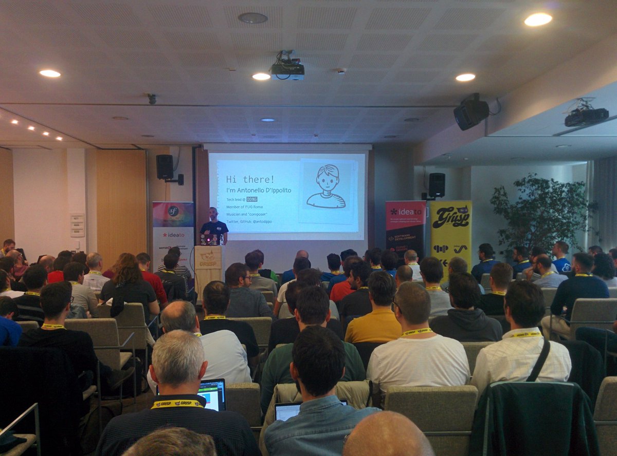 dlondero's tweet image. &quot;Composer: write a melody with your dependencies&quot; with @antodippo on stage at #symfonydayit