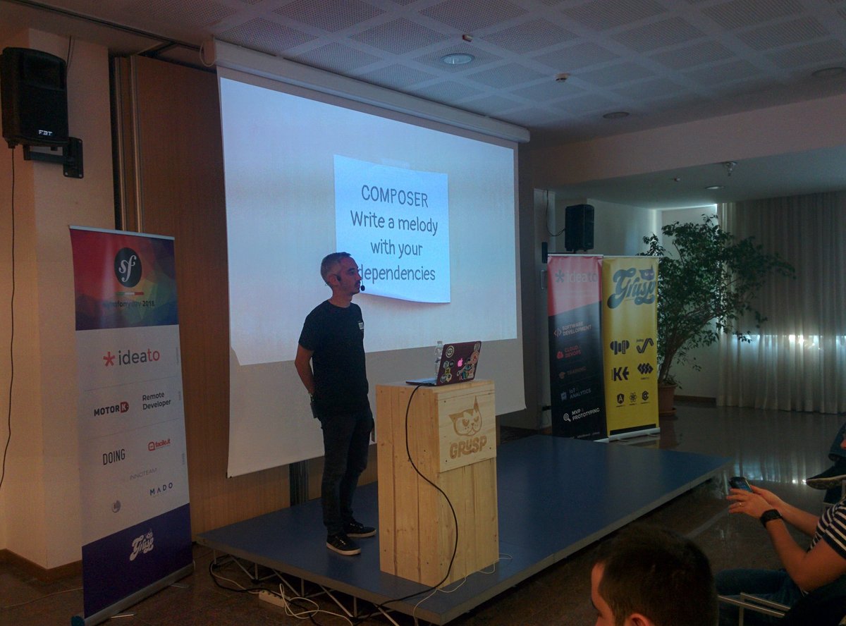 dlondero's tweet image. &quot;Composer: write a melody with your dependencies&quot; with @antodippo on stage at #symfonydayit