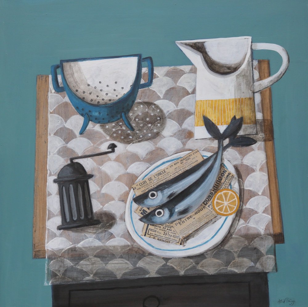 FidraFineArt's tweet photo. Cracking piece by Astrid Trügg, sold before I got a chance to post - Two Fish, Jug & Colander, Mixed Media on Panel, 50x50cm.
#SimonLaurie, #JockMacInnes & #AstridTrügg Exhibition contines today to 5, 11-5 Sat, 12-5 Sun in #Gullane, drop in for a browse if you are in #EastLothian https://t.co/Z4WIQyFX89