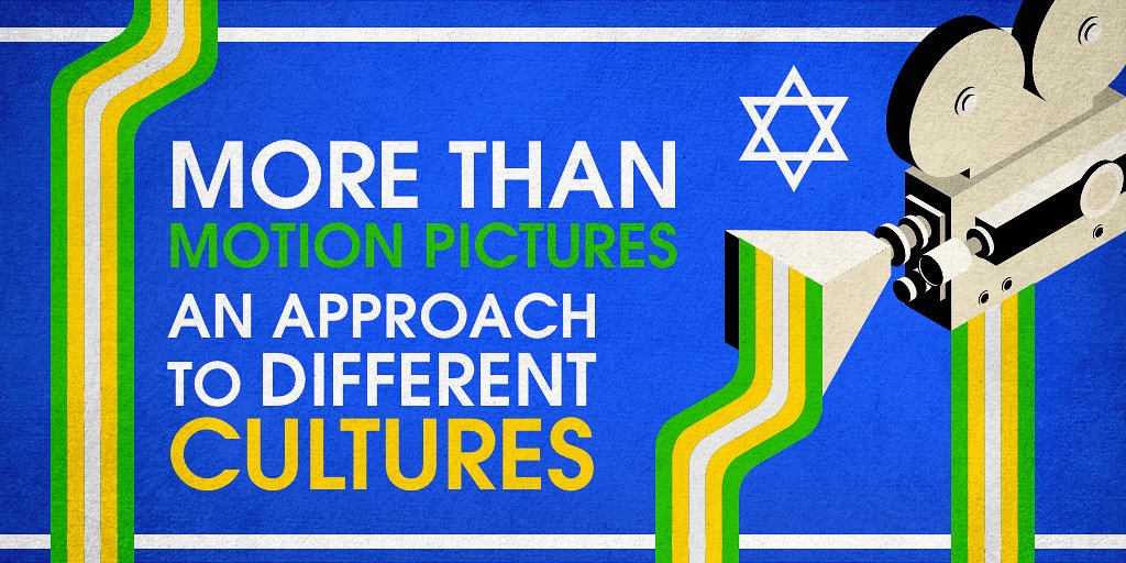 In front of a blue background with white stripes on the top and bottom, there is the text "More than motion pictures" followed by "An approach to different cultures". On the left side there is a line made up of green, yellow and gray colors and on the right side the same line comes out in sliding motion, like waterfall water, from the front of a cinematic camera. The Star of David appears above the camera