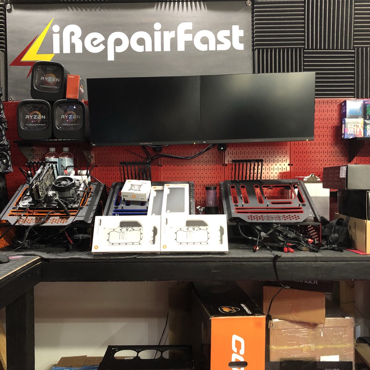 OverkillGame's tweet image. Our set is getting a little crowded... what do you guys think? Should we clean it up or do you like the multitude of computer components in the background? #iRepairFast #CustomPCs
