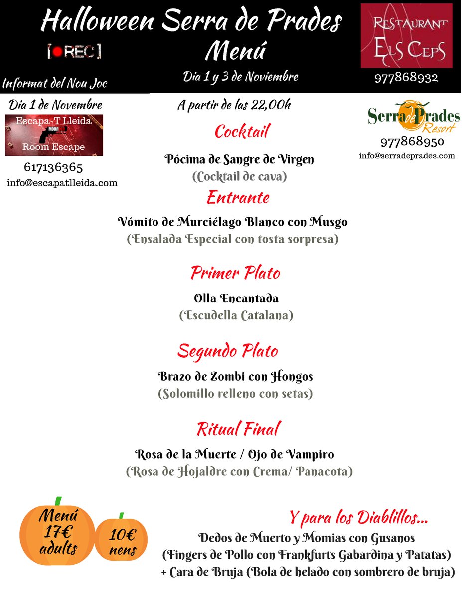 Menú Halloween Serra de Prades
#serradepradesresort #vilanovadeprades #concadebarbera #tarragona #serrade#catalunya #rutadelcister #turisme #resort #camping <a href="/Turismecat/">Turisme</a> #catalunyaexperience