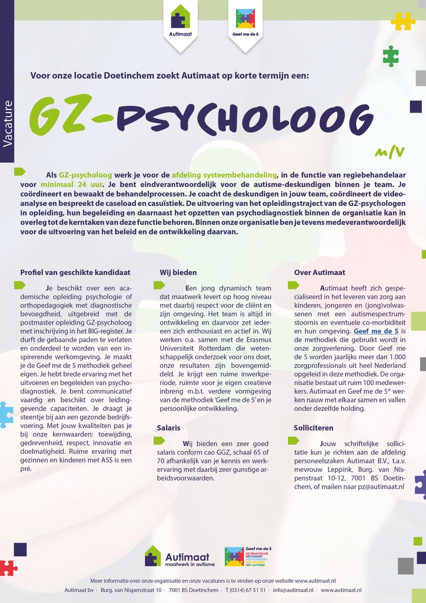 Een leukere baan ga je vandaag ècht niet vinden! 
Wij zoeken een GZ-psycholoog (m/v) voor onze locatie Doetinchem. Meer info: bit.ly/2Crceww #vacature #GZpsycholoog #autisme #jeugd #GGZ #Geefmede5