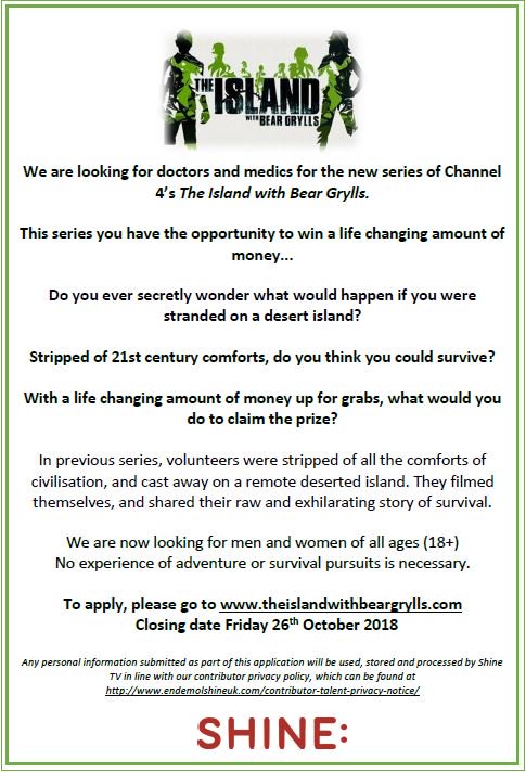 IslandCasting's tweet photo. Hi @MelaninMedics, 

We are looking for doctors/nurses and medics to take part in the new series of The Island with Bear Grylls. For the 1st time, there's a life-changing cash prize!

Please could you RT us to spread the word?

#theislandwithbeargrylls https://t.co/KcOuo3gNdw