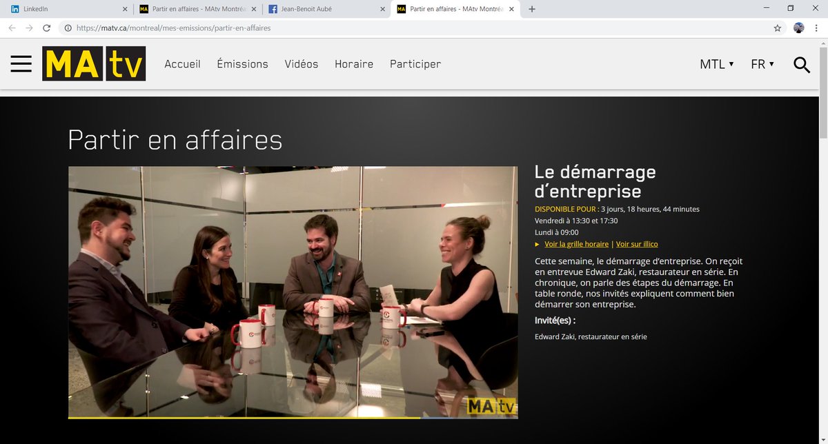 On parle entrepreneuriat à MAtv. Notre passage est à partir de la 18e minute.

Il reste seulement 3 jours pour voir l’émission en ligne.

Merci à Mathieu Chevalier pour l'initiative et l’invitation.

#entrepreneur #entrepreneuriat #EEQ #MAtv
matv.ca/montreal/mes-e…